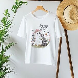 Cute Halloween Dog and Ghost Funny Tee White Graphic T-Shirt Retro Spooky
